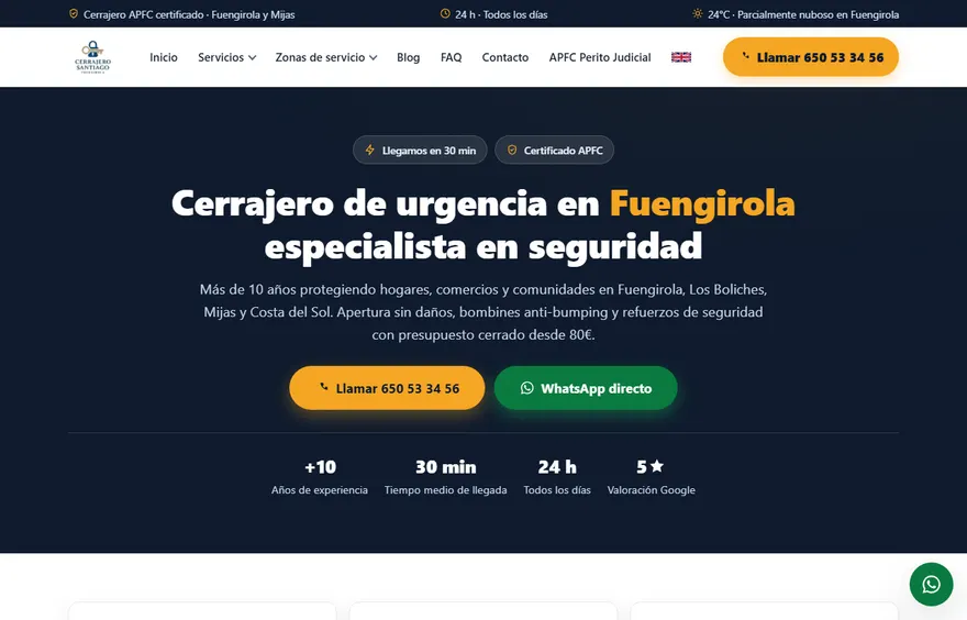 Portada de la web de Cerrajero Santiago: fondo azul oscuro con el titular «Cerrajero de urgencia en Fuengirola especialista en seguridad», botones de llamada y WhatsApp, y el selector de idioma español e inglés.