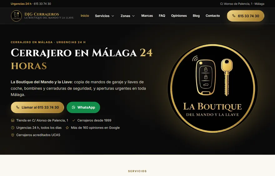 Portada de la web de DJG Cerrajeros: fondo negro con letras doradas, el titular «Cerrajero en Málaga 24 horas» y el emblema redondo de La Boutique del Mando y la Llave con el dibujo de un mando de garaje y una llave.