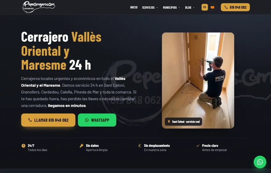 Portada de la web de Pepe Cerrajeros: fondo azul oscuro con el titular «Cerrajeros Vallès Oriental y Maresme 24 h», la foto de un técnico abriendo una puerta y el botón de llamada.