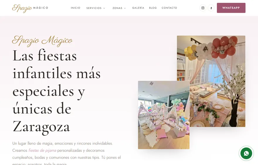 Portada de la web de Spazio Mágico: fondo rosa empolvado con el titular «Las fiestas infantiles más especiales y únicas de Zaragoza» y fotos de tipis de pijamada decorados con globos y cojines.